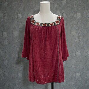 Burgundy Crochet Trim Peasant Tunic Top Maverick The Collection Oversized‎ S